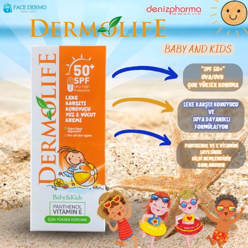 Dermolife Bebek ve Çocuklar için SPF50+ Leke Karşıtı Koruyucu Yüz ve Vücut Güneş Kremi 100 ml